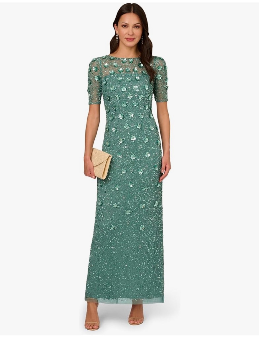 Adrianna Papell Teal Embellished Maxi Gown